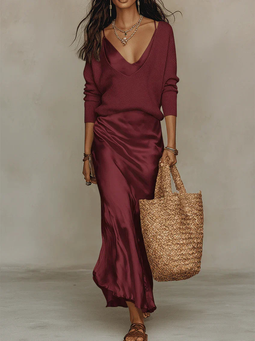 Adele | Abito Midi Satinato con Maglione Coordinato