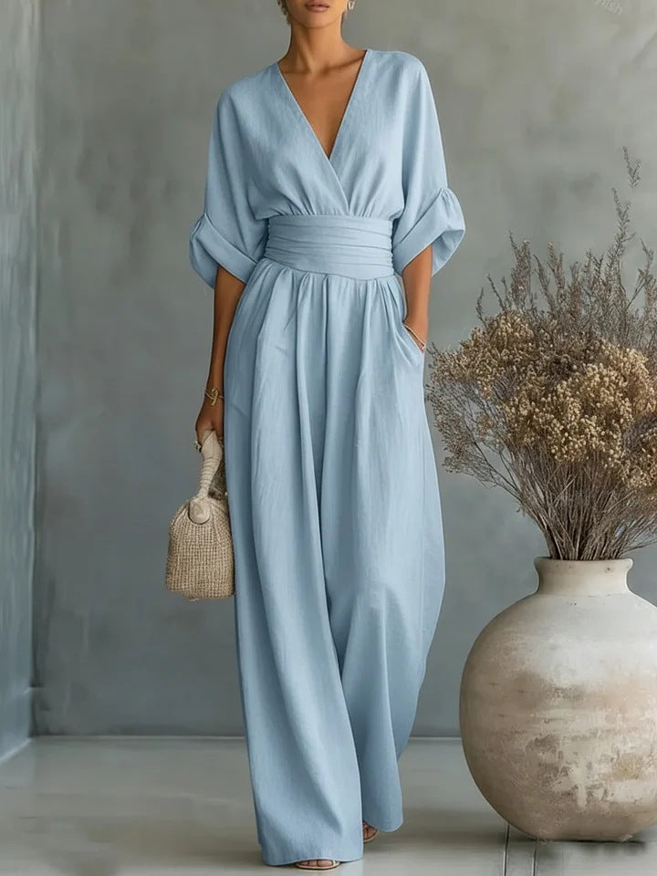 Bianca | Tuta Donna Elegante con Scollo a V e Gamba Larga