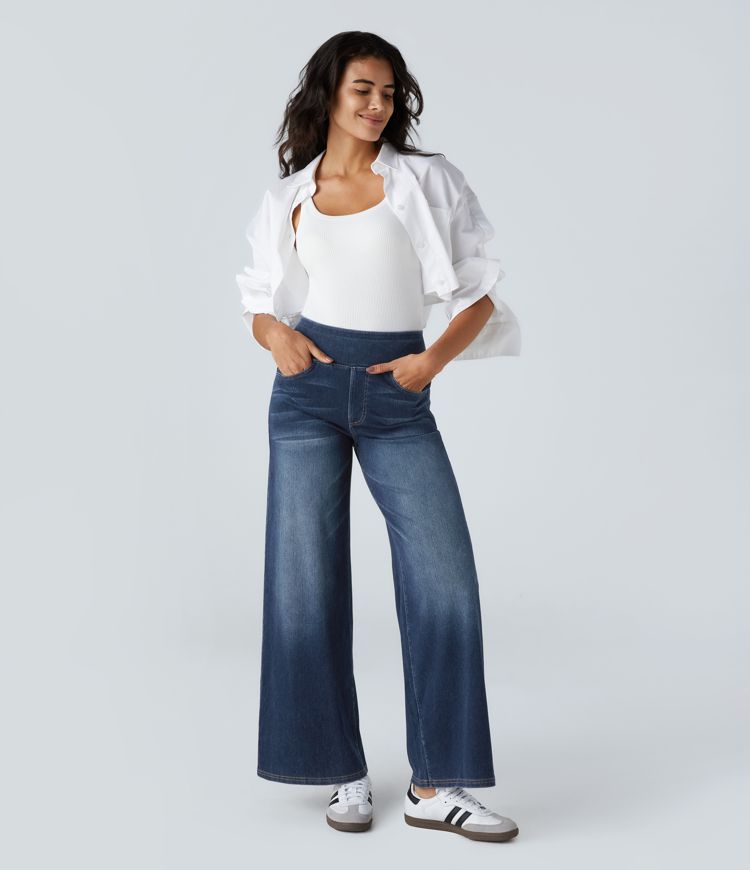 Elira | Jeans Elasticizzati a Gamba Larga con Vita Alta