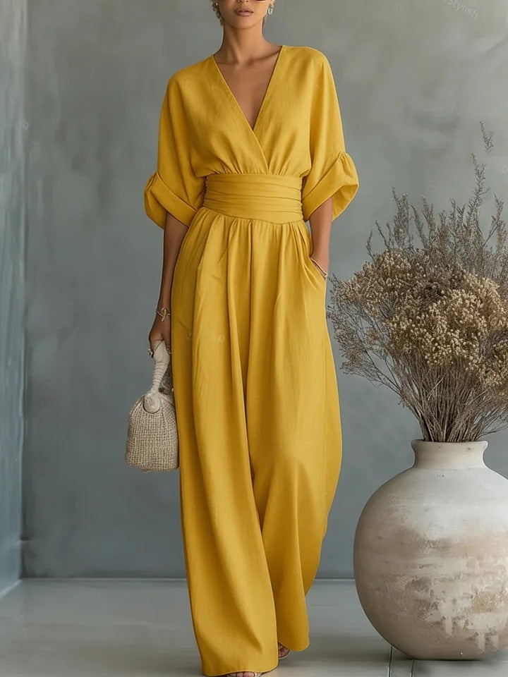 Bianca | Tuta Donna Elegante con Scollo a V e Gamba Larga