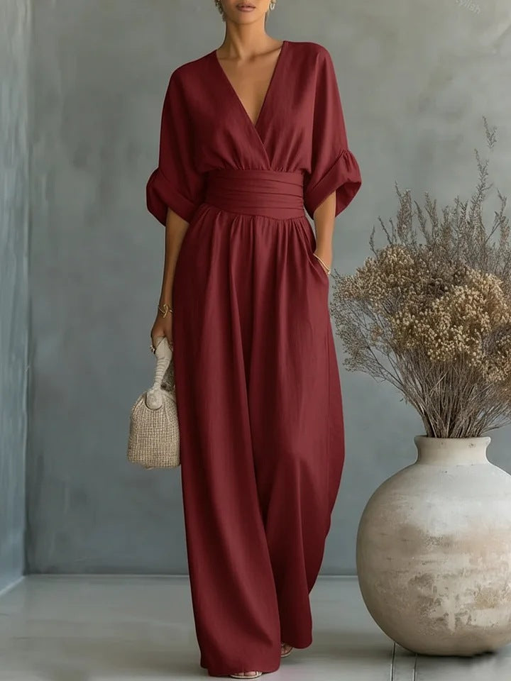 Bianca | Tuta Donna Elegante con Scollo a V e Gamba Larga