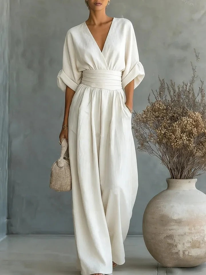 Bianca | Tuta Donna Elegante con Scollo a V e Gamba Larga