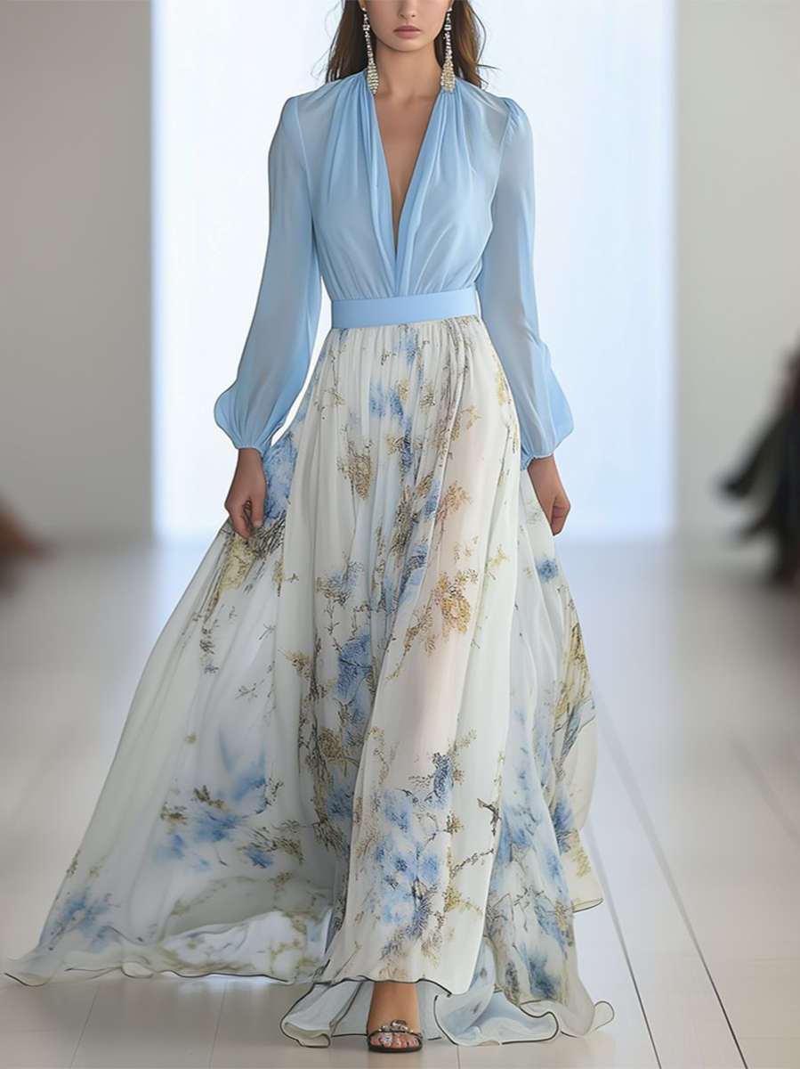 Ludovica | Abito Lungo Floreale con Scollo a V