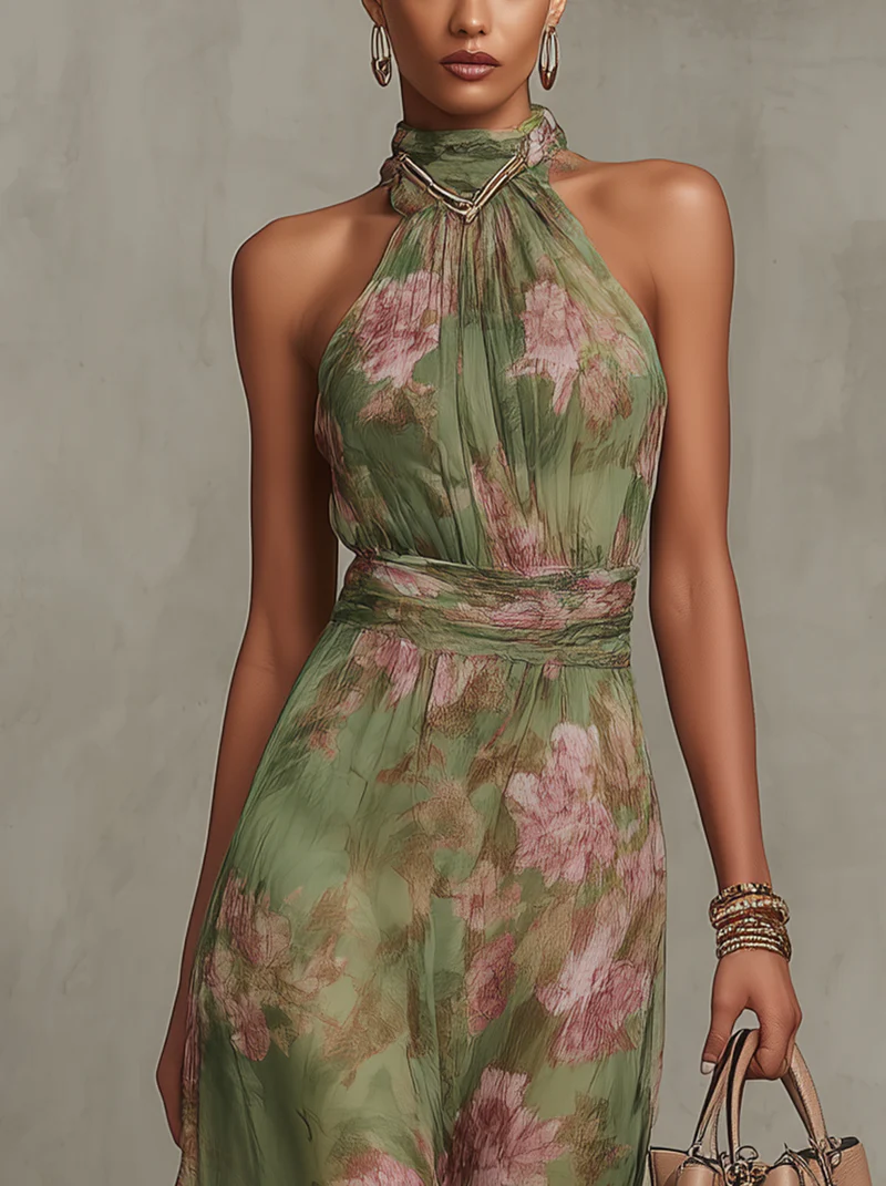 Mirella | Abito Maxi Halter con Stampa Floreale