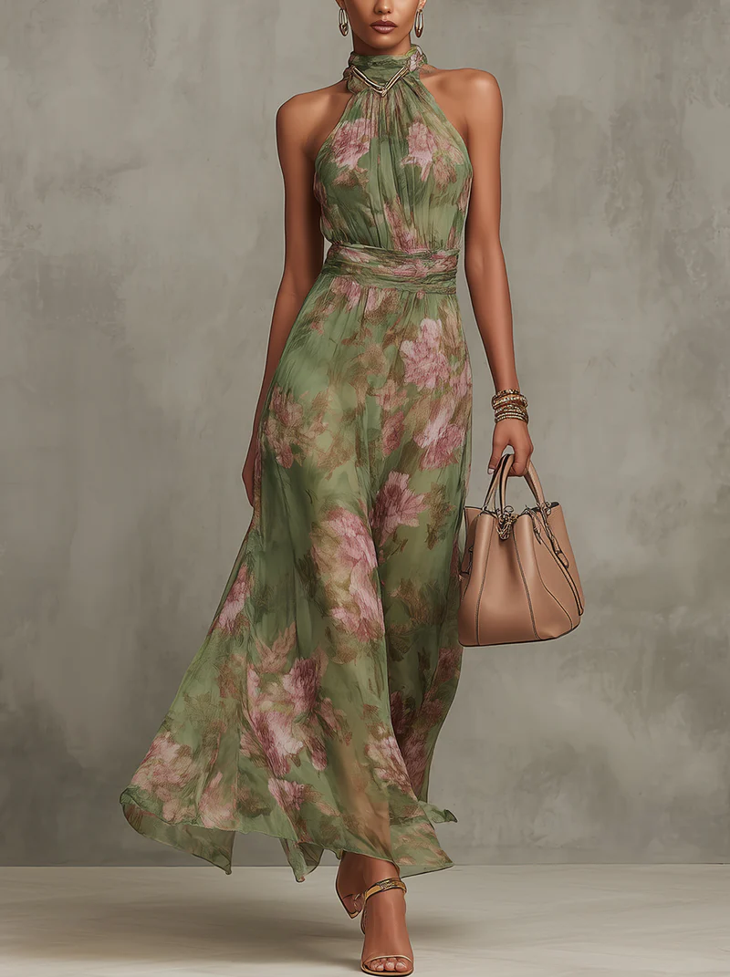 Mirella | Abito Maxi Halter con Stampa Floreale