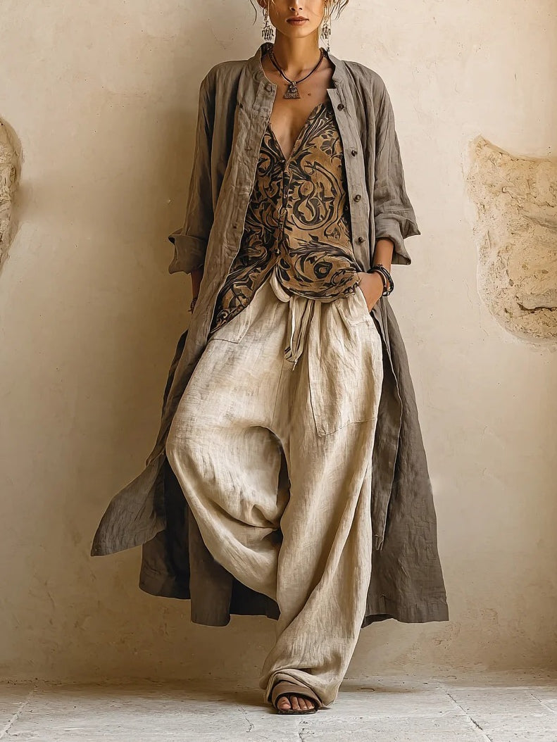 Mara | Completo Donna 3 Pezzi con Top Stampato, Cardigan e Pantaloni Larghi