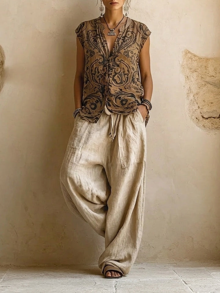 Mara | Completo Donna 3 Pezzi con Top Stampato, Cardigan e Pantaloni Larghi