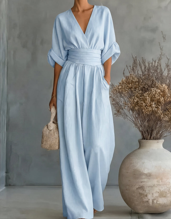 Dalia | Tuta Donna Elegante con Scollo Incrociato e Gamba Larga