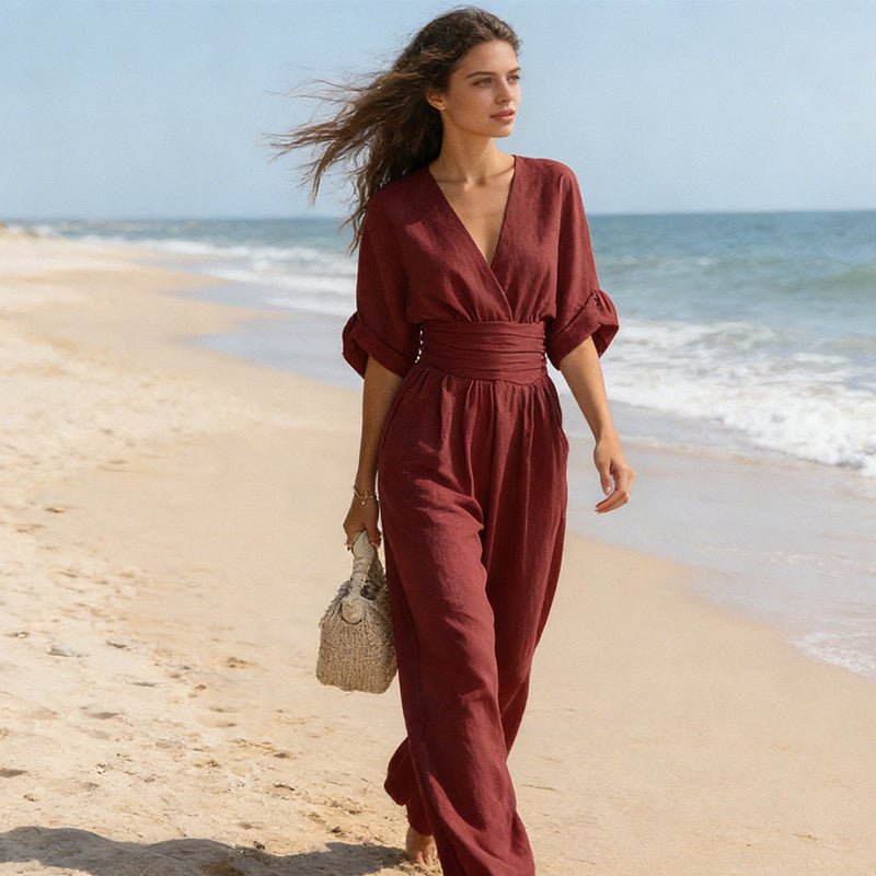 Bianca | Tuta Donna Elegante con Scollo a V e Gamba Larga