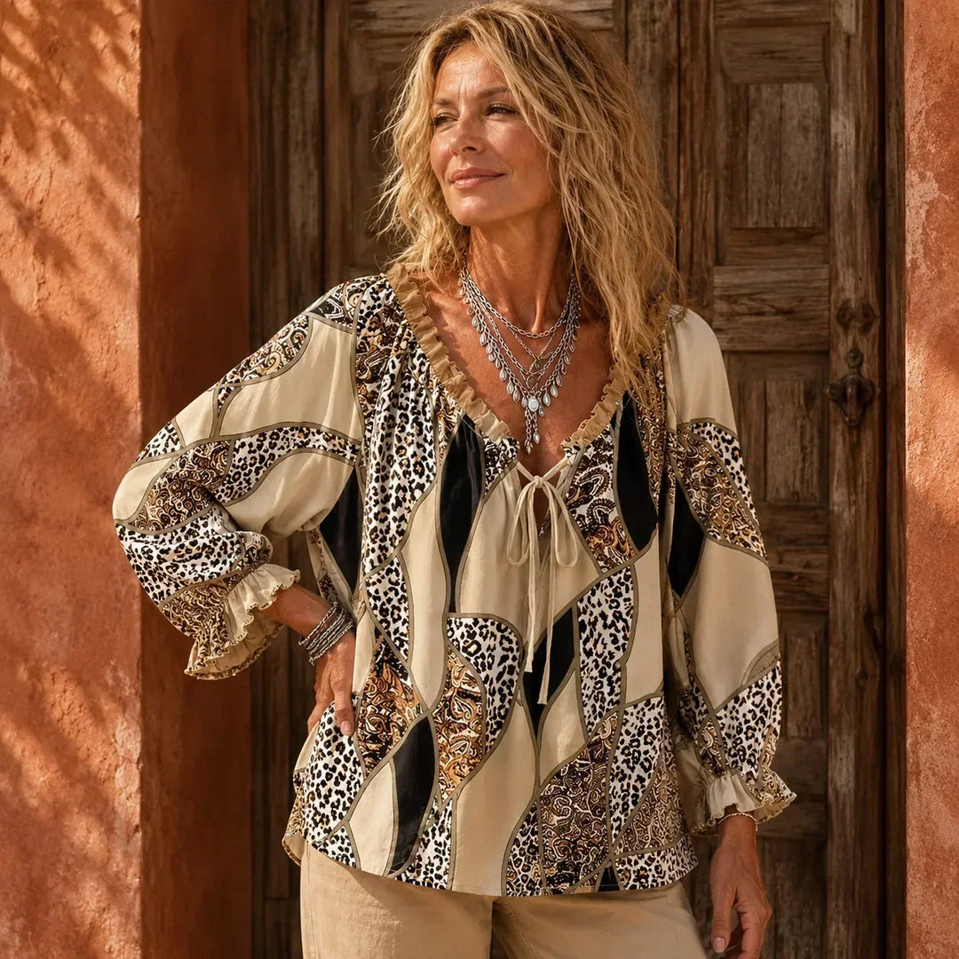 Livia | Blusa Donna Patchwork con Scollo a V e Volant