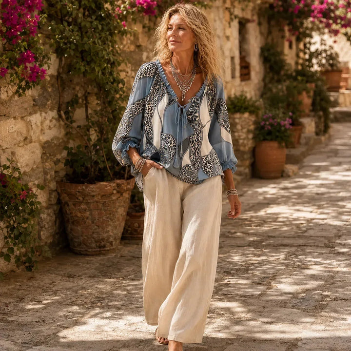 Livia | Blusa Donna Patchwork con Scollo a V e Volant