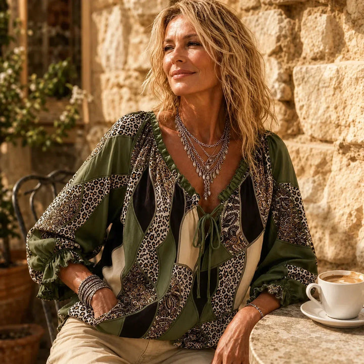 Livia | Blusa Donna Patchwork con Scollo a V e Volant