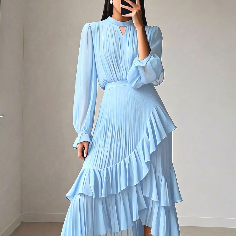 Selene | Abito Midi Plissettato Elegante con Balze