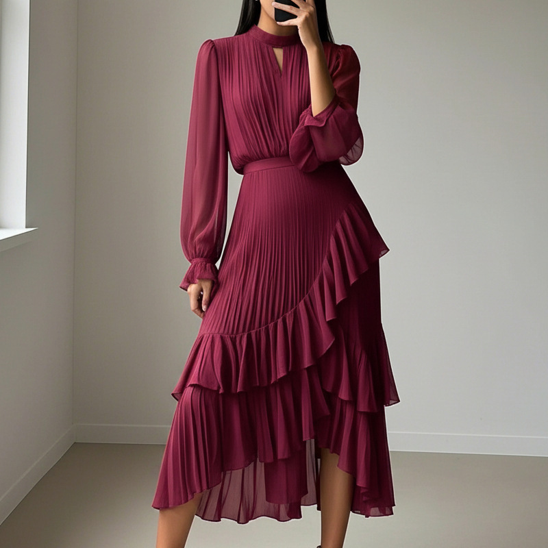 Selene | Abito Midi Plissettato Elegante con Balze