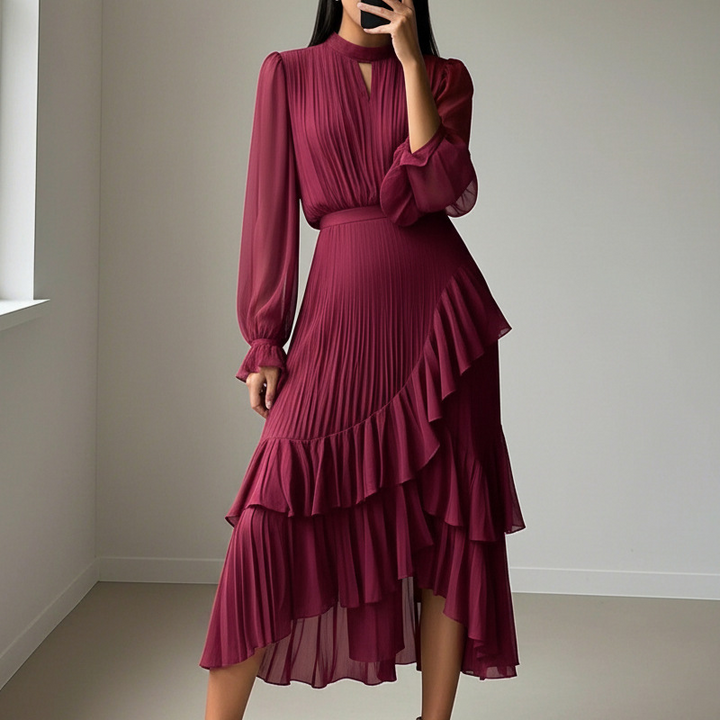 Selene | Abito Midi Plissettato Elegante con Balze