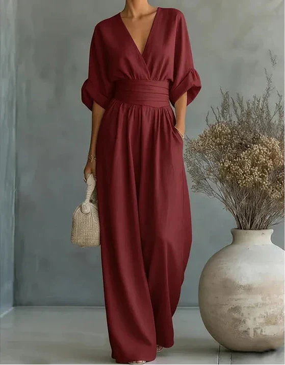 Dalia | Tuta Donna Elegante con Scollo Incrociato e Gamba Larga